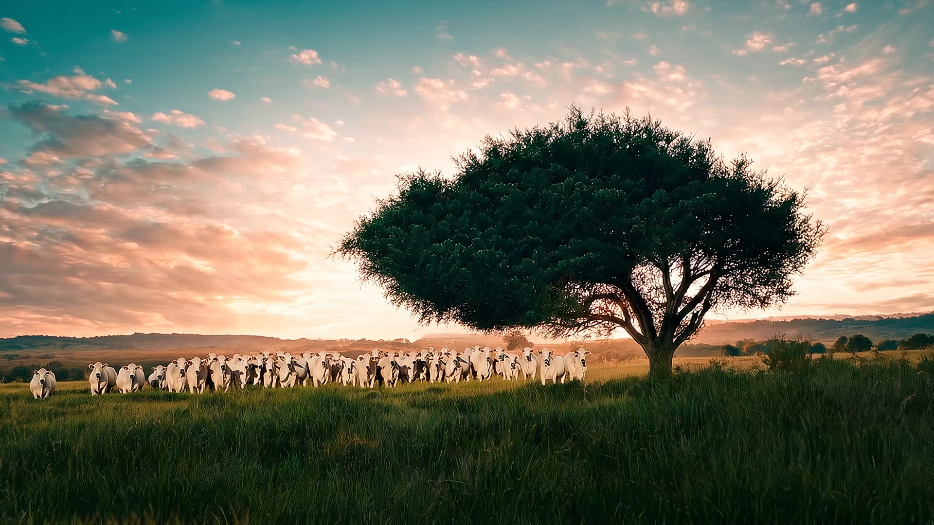 Rebanho nelore em campo aberto ao entardecer
